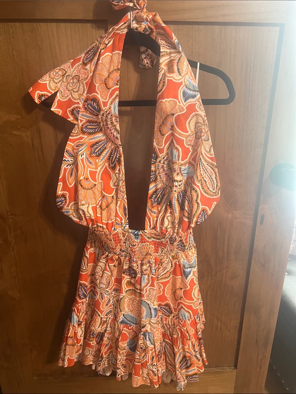 Orange Floral Halter Mini Dress with Smocked Waist
